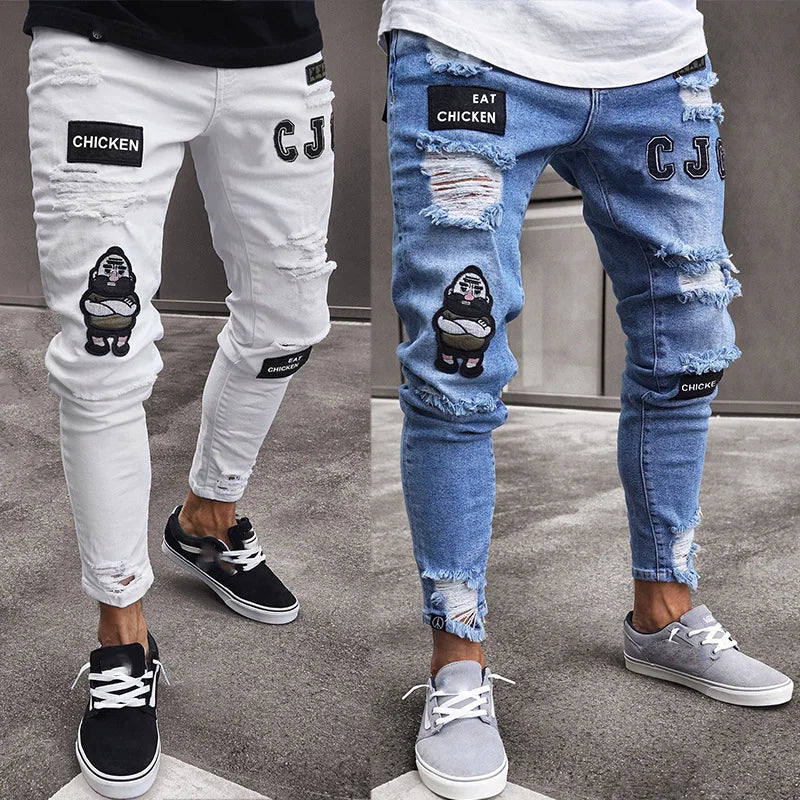 Punk Plus Size Pants Men Skinny Ripped Hole Patchwork Jeans Slim Pencil Denim Hip Pop Trousers Autumn Winter Streetwear Men's