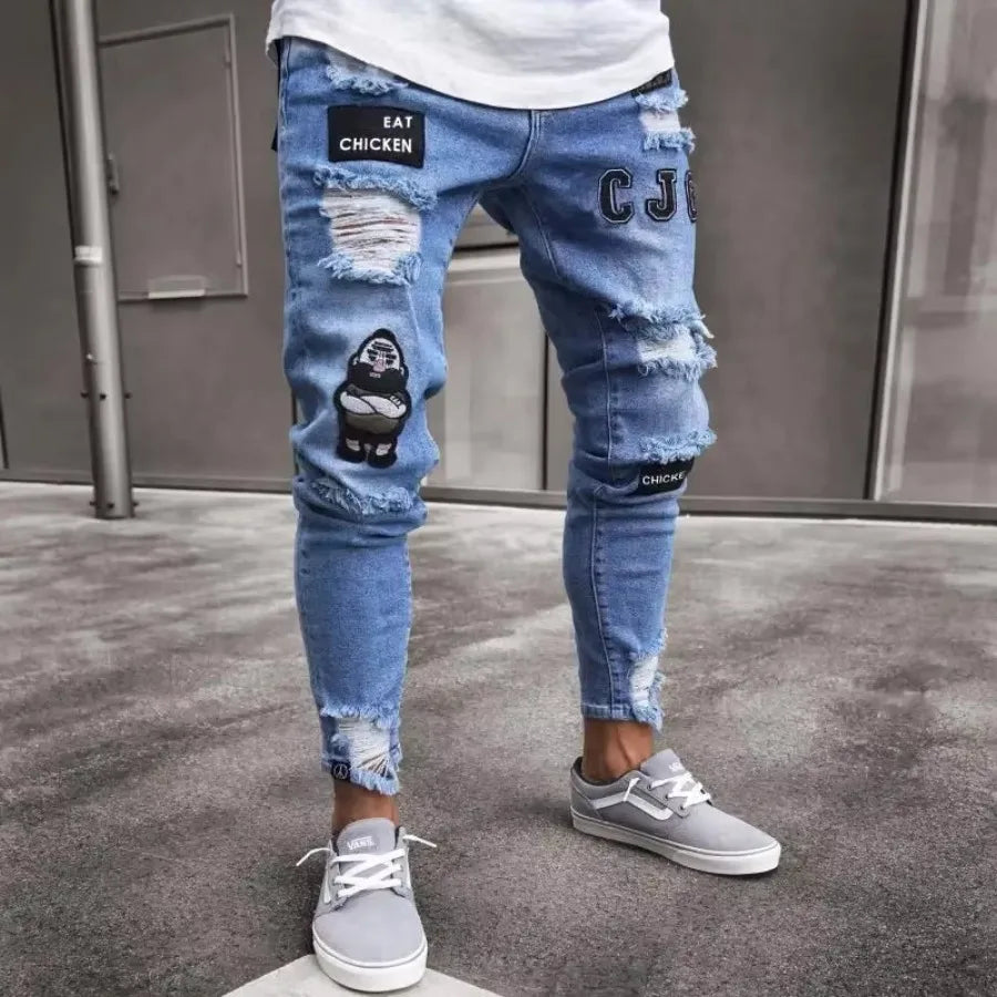 Punk Plus Size Pants Men Skinny Ripped Hole Patchwork Jeans Slim Pencil Denim Hip Pop Trousers Autumn Winter Streetwear Men's