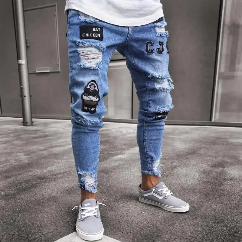 Punk Plus Size Pants Men Skinny Ripped Hole Patchwork Jeans Slim Pencil Denim Hip Pop Trousers Autumn Winter Streetwear Men's