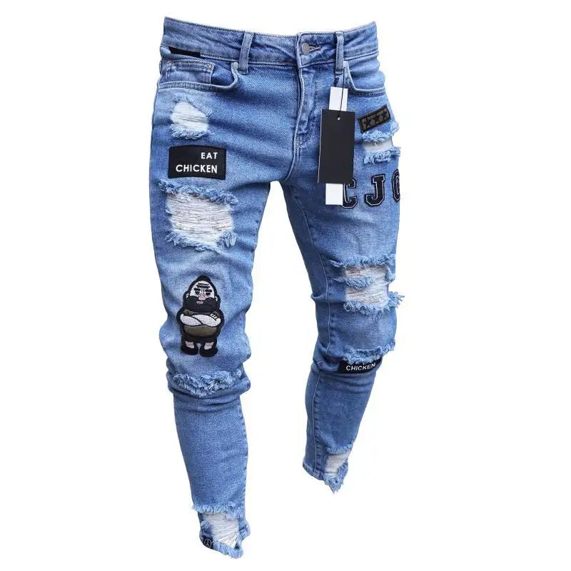 Punk Plus Size Pants Men Skinny Ripped Hole Patchwork Jeans Slim Pencil Denim Hip Pop Trousers Autumn Winter Streetwear Men's