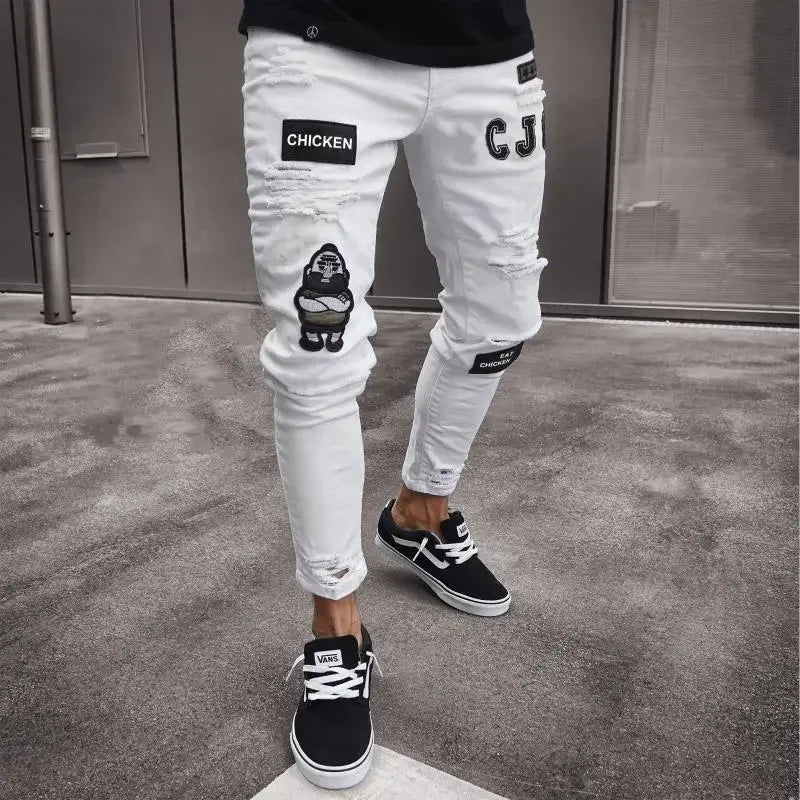 Punk Plus Size Pants Men Skinny Ripped Hole Patchwork Jeans Slim Pencil Denim Hip Pop Trousers Autumn Winter Streetwear Men's