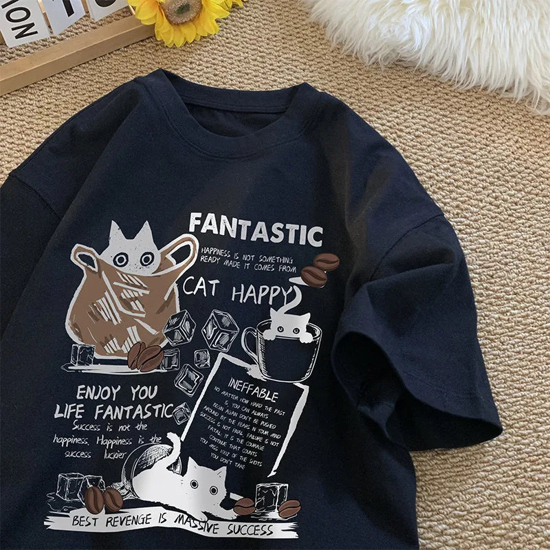 New Men Women T Shirt Pullover Oversize Korean version Cartoon Cat Group Printed T-Shirt Casual Short Sleeve Couples T-Shirt