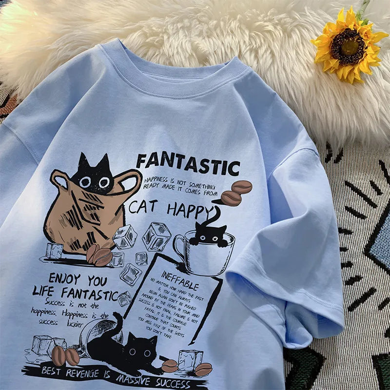 New Men Women T Shirt Pullover Oversize Korean version Cartoon Cat Group Printed T-Shirt Casual Short Sleeve Couples T-Shirt