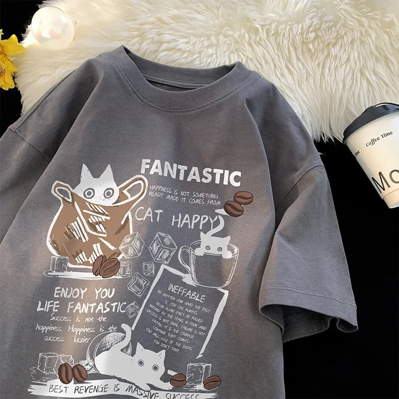 New Men Women T Shirt Pullover Oversize Korean version Cartoon Cat Group Printed T-Shirt Casual Short Sleeve Couples T-Shirt