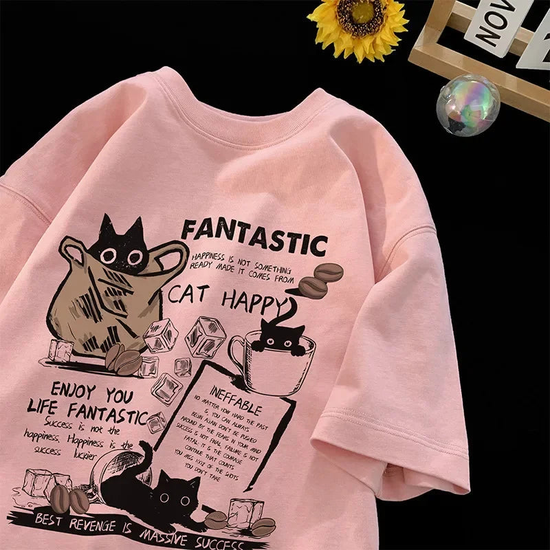 New Men Women T Shirt Pullover Oversize Korean version Cartoon Cat Group Printed T-Shirt Casual Short Sleeve Couples T-Shirt