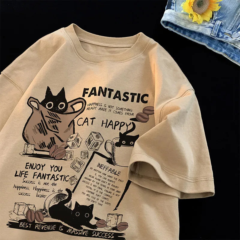 New Men Women T Shirt Pullover Oversize Korean version Cartoon Cat Group Printed T-Shirt Casual Short Sleeve Couples T-Shirt